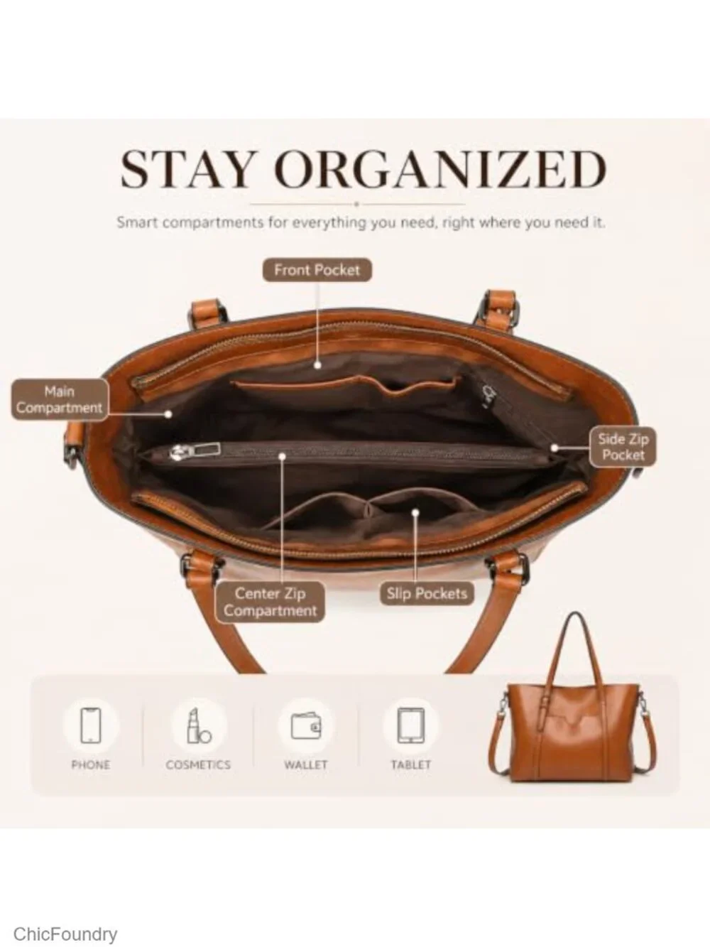 Faux Leather Tote Bag Women Large Zipper Shoulder Purse Work Satchel
